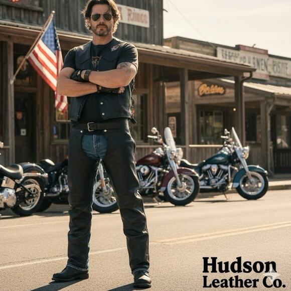 Hudson Leather Black Leather Motorcycle Chaps Sz. L - Picture 1 of 5